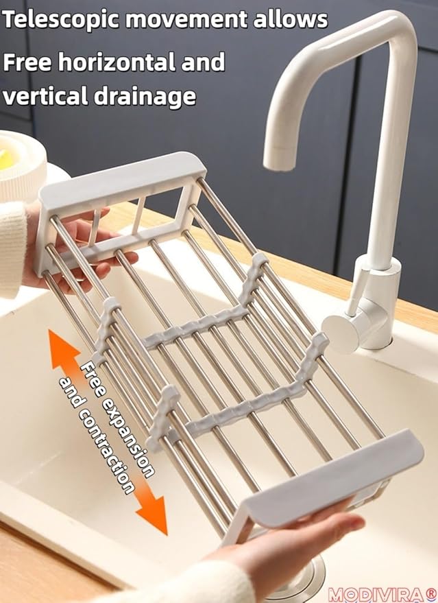 Kitchen Sink Drain Basket Adjustable Over Dish Drying Rack Stainless Steel Drain Basket for Vegetables Fruits Plates Fruits (Silver,Big)