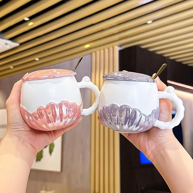 Pearl Ceramic Coffee Mug for Tea Latte Milk Cute Love Shape Cup for Home Office Women Gift 6.5 oz (Shell Round Purple, 350 ml)