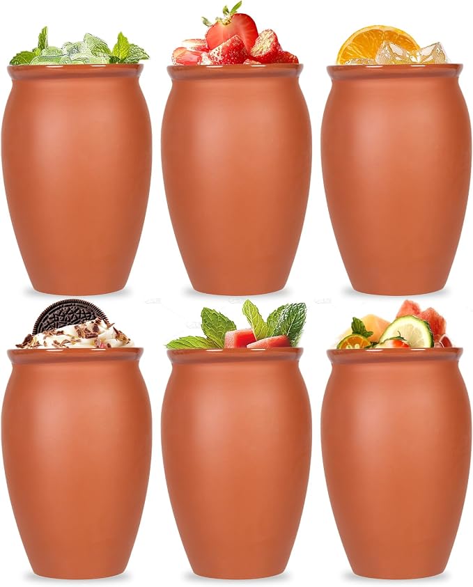 FirstGift 6-Pack Cantaritos de Barro Mexicanos – 12 oz Handmade Clay Cups for Margaritas, Taco Tuesday, Mexican Fiesta (Dishwasher & Microwave Safe)