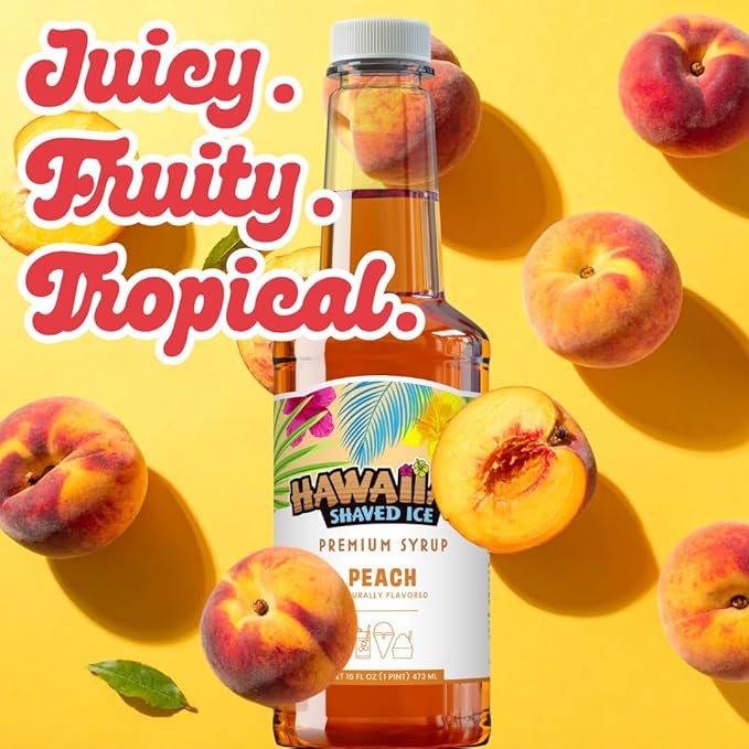 Hawaiian Shaved Ice Peach Syrup - Nut Soy Dairy Free - Flavor Fluffy & Crunchy Snow Cones - Shelf Stable - Makes 8 Servings - 16 ounces