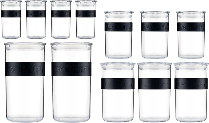 Bodum Presso Storage Container Jars for Food, Pasta, Cereal, Flour, Coffee, Snacks, and More, BPA-Free Plastic w/Airtight Silicone Seal, 12pc Set - Black