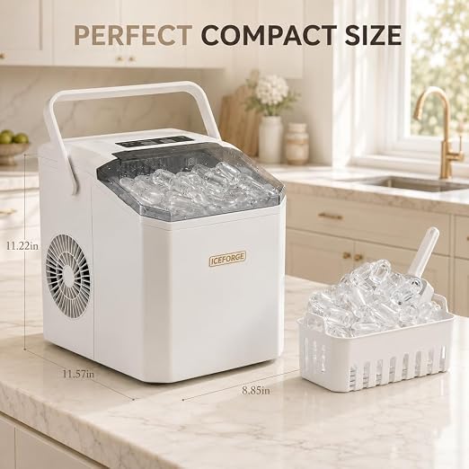 Countertop Ice Maker, Portable Ice Maker Machine, 6-Minute Fast Bullet Ice Maker with Self-Cleaning, Compact Ice Machine with Handle, Basket & Scoop for Kitchen, Home, Office, RV Camping,White