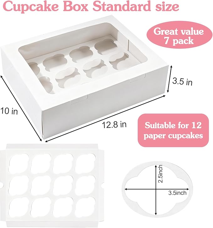 Moretoes 7 Pack Auto-popup Cupcake Boxes,12 Cupcake Containers, Bakery Carrier Boxes with Windows and Inserts for Grad Party Dessert Packaging (White)
