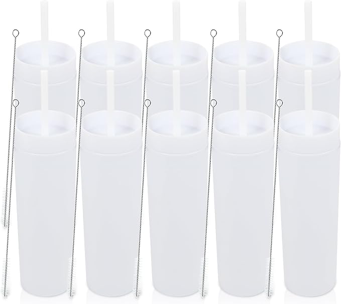 Volhoply 16oz Plastic Skinny Tumbler with Lid and Straw Bulk 10 Pack,Insulated Double Wall BPA Free Matte Acrylic Tumblers,Iced Coffee Travel Reusable Party Cup,Customizable Diy Gifts(White,10 Set)