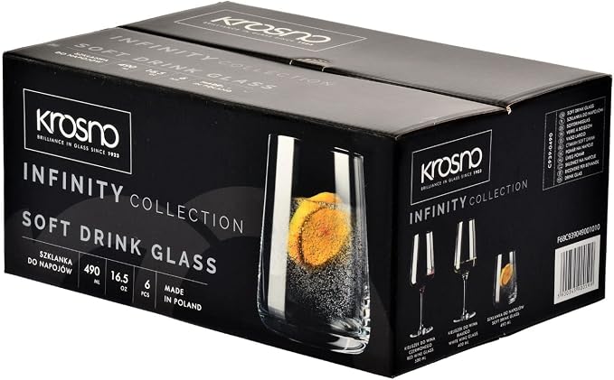 Krosno Infinity Drinking Glasses Set of 6 – 16.6 oz Water Juice Glasses, Modern Tapered Tumblers, Lead-Free Glassware, Clear Everyday Drinkware, Dishwasher Safe, Made in Europe