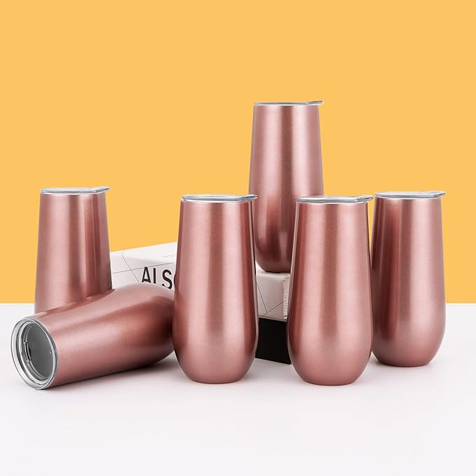 Lifecapido 6 Pack Stemless Champagne Tumblers, 12oz Insulated Champagne Flutes, Stainless Steel Stemless Champagne Glass, Champagne Flute Tumbler for Birthday Party Wedding Christmas (Rose Gold)