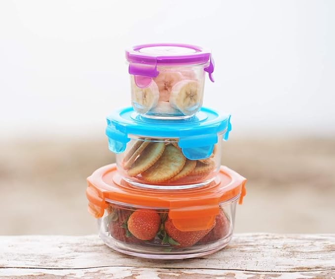 Wean Bowls Glass Food Storage Garden Pack - Pack of 4 x 5.4 oz Round containers Blue, Orange, Green, Grape