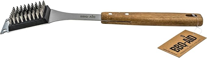 BBQ-AID Grill Brush and Scraper with 2 Replacement Heads - Extended, Large Wooden Handle and Stainless Steel Bristles – Safe, No Scratch Cleaning - Best for Any Grill: Char Broil & Ceramic