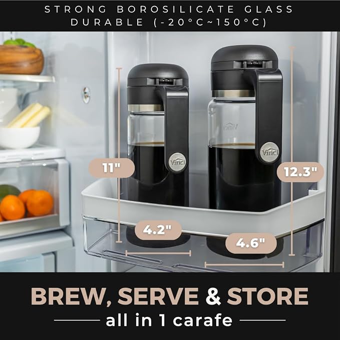 VINCI Cold Brew 360 Glass Coffee Maker – Patented Dual Filter Technology for Faster Brewing – Iced Coffee Pitcher (1.4 Liter / 47 oz)