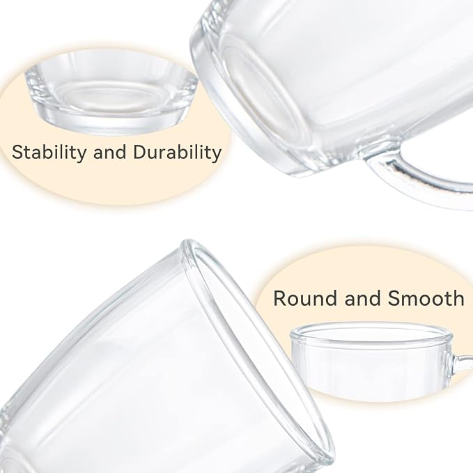 D.M DESIGN·MASTER [6 PACK,12 OZ - Premium Glass Coffee Mugs with Handle. Transparent Tea Glasses for Hot/Cold Beverages, Perfect Design for Americano, Cappuccino, Tea and Beverage.