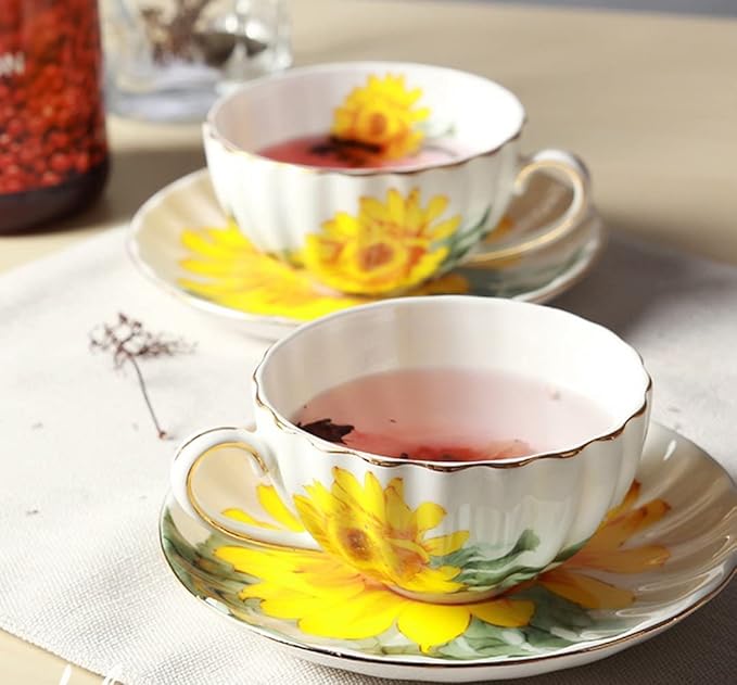 Ceramic Teacup Sunflower Vintage Coffee Mug Tea Cup with Saucer,Set of 4