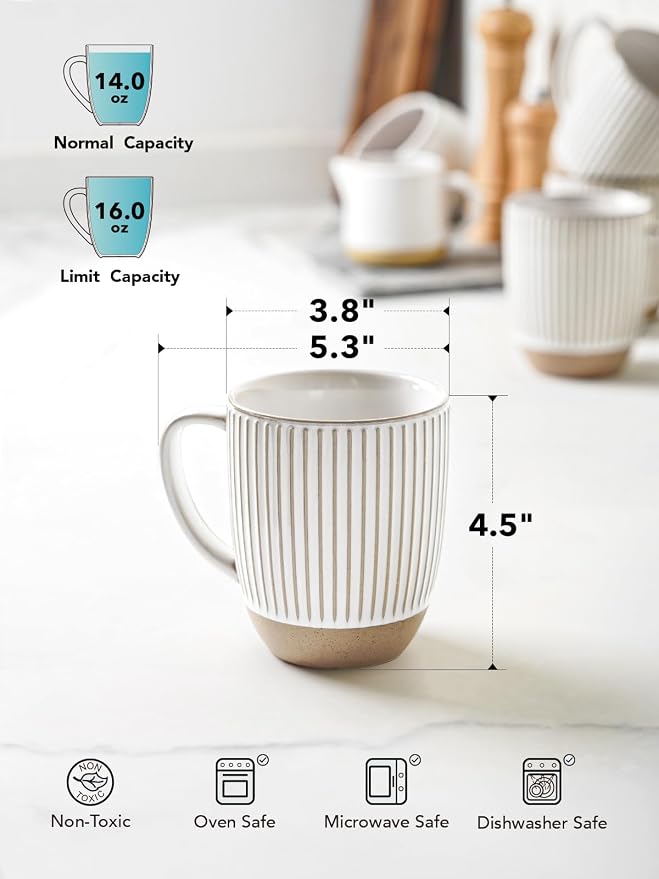 LE TAUCI Coffee Mugs 16 oz,Ceramic Mug Set, Embossment Cups for Latte, Hot Tea, Cappuccino, Mocha, Cocoa,Suit For Housewarming Wedding- 3.8 inch, Set of 6, Arctic White