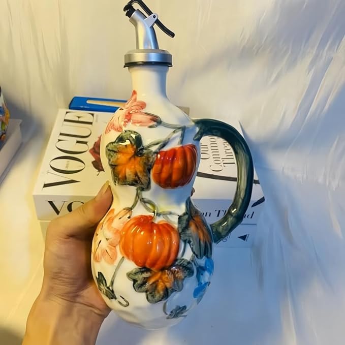 18.26oz/540ml Decorative Olive Oil Dispenser Bottle for Kitchen,Hand Painted Relief Ceramic Olive Oil Bottle,Ceramic Oil Container (Pumpkin)