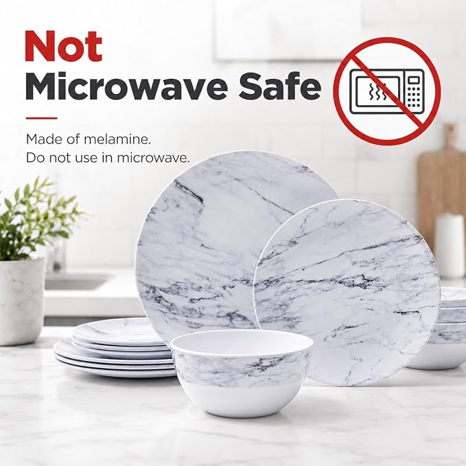 TP 12-Piece Melamine Dinnerware Sets, Plates and Bowls Dishes Set for 4, Break-Resistant & Non-Microwavable, Lightweight Dinner Plates, Marble Pattern