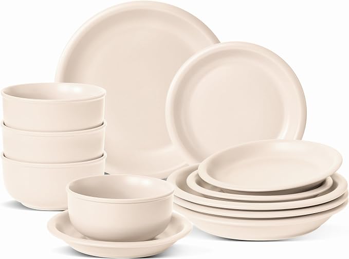 Timeworn Clay Dinnerware Set, 12 Pieces, Creamy White | Stoneware, Hand-Finished Glaze, Farmhouse Plates and Bowls, Microwave and Dishwasher Safe, Serves 4