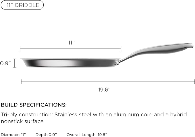 COOKER KING 11" Round Griddle Pan, 3-Ply Hybrid Stainless Steel Crepe Pan with Stay-Cool Handle, Non Stick & Non Toxic for Pancake, Eggs, All Stovetop & Induction Compatible, Oven & Dishwasher Safe