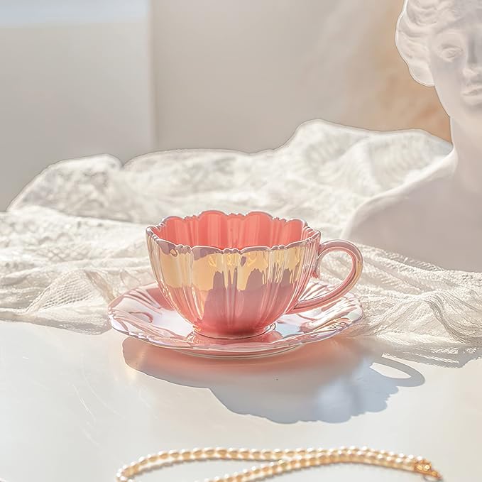 amokk Porcelain Coffee Mugs Flower Shaped Tea Cup and Saucer Set for Housewarming Gift Home Decor (Pink)