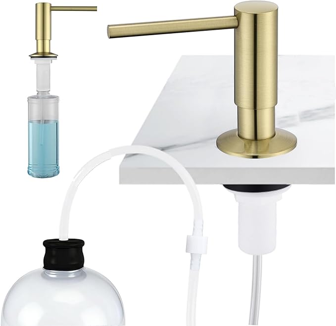 Avola Brushed Gold Kitchen Sink Soap Dispenser or Lotion Dispenser for Kitchen Sink, Brass Countertop Pump Dispenser with 47" Extension Tube Kit&17 OZ PET Bottle, Spot Free Gold Soap Dispensers
