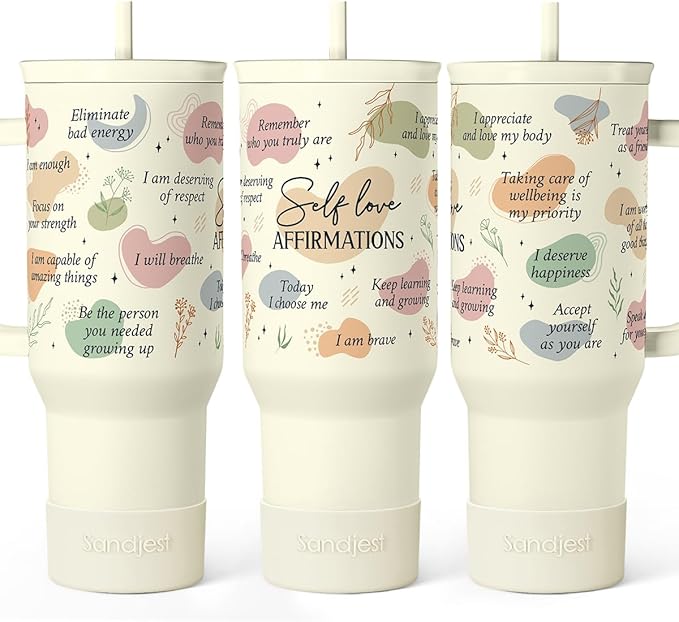 Inspirational Tumbler with Handle 40oz, Daily Positive Inspiration Coffee Cup Stainless Steel Travel Mug, Motivational Gifts for Women Girls Friends Coworker, Gift for Christmas Birthday