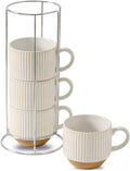 Ceramic Coffee Mugs with Stand,15 Oz Stackable Coffee Cups Set of 4 for Latte,Milk,Tea,Gift for Thanksgiving New Year Housewarming,Dishwasher & Microwave Safe,White Patchwork Color