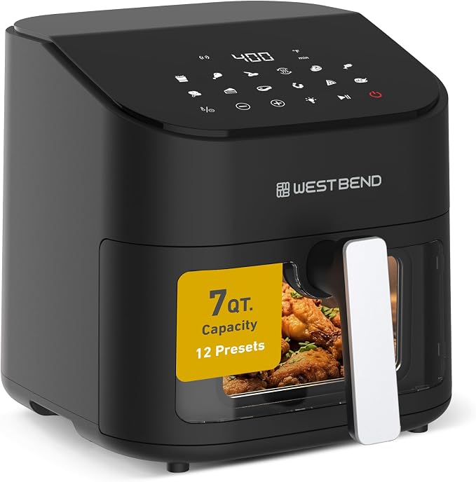 West Bend Digital Air Fryer 7 Qt with One-Touch Presets, Shake Reminder for Even Cooking, Fast 1600W Heating, Nonstick Easy-Clean Basket, in Black/Silver
