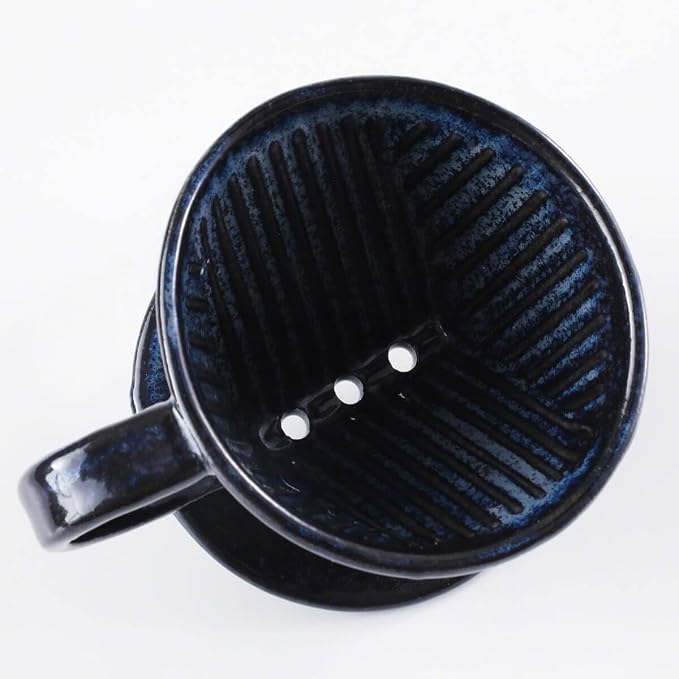Asayu Japan Ceramic Coffee Pour Over Maker Set in Dark Navy Blue, Slow Brewing Paper Filter Holder and Dripper with 3 Holes for Coffee and Tea - Coffee Dripper Cone