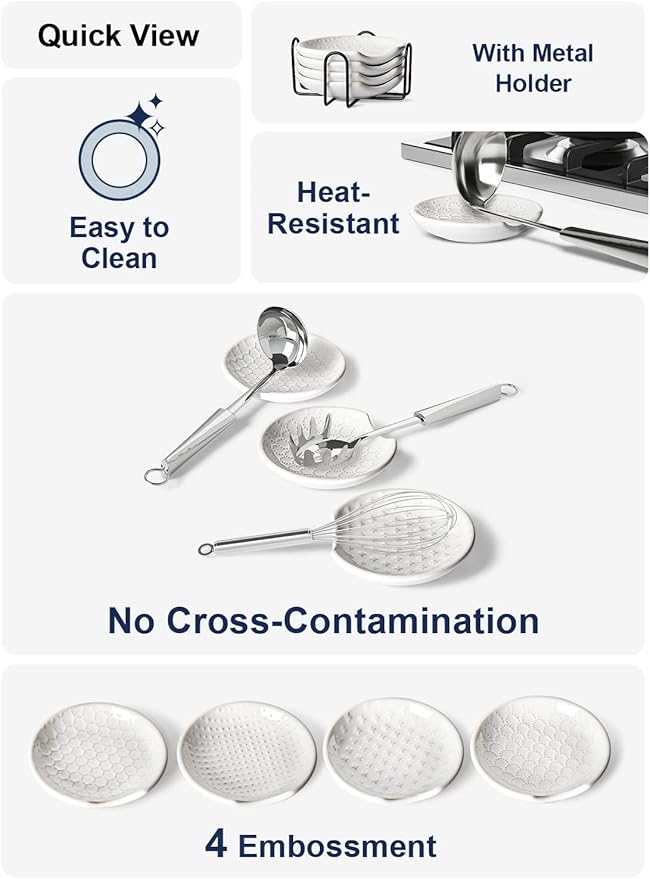 LE TAUCI Ceramic Spoon Rests for Stove Top with Holder, Set of 4 Farmhouse Spoon Holder for Kitchen Counter, 4.8 Inch Heat Resistant Utensil Rest for Cooking & Coffee Bar, Embossed, White