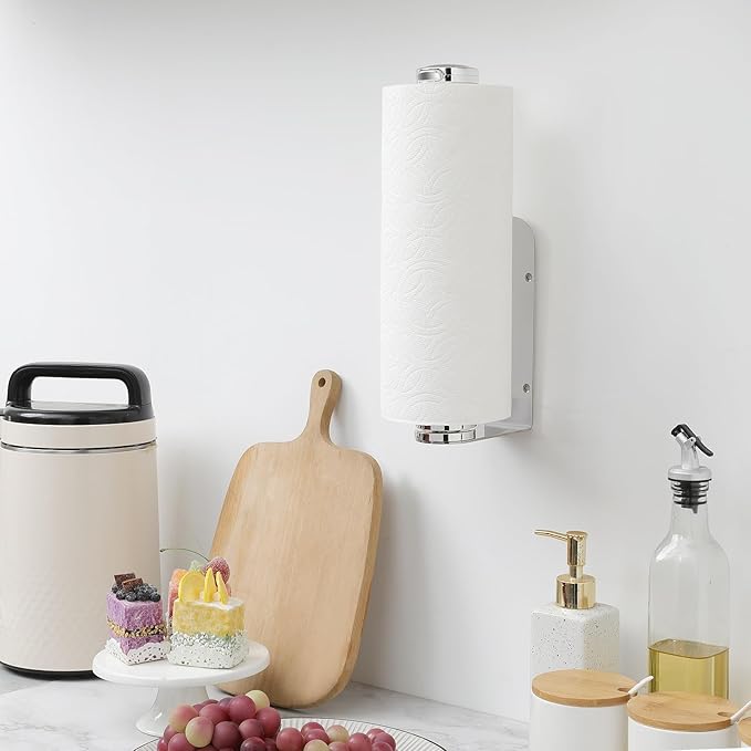 theaoo Paper Towel Holder Under Cabinet, One-Handed Tear Wall Mount Paper Towel Holder Dispenser with Damping Function for Kitchen Organization, Stainless Steel, Self-Adhesive or Drill mounting,Silver