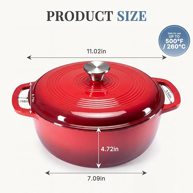 DUMOS Cast Iron Dutch Oven, 6 Quart Pot with Lid, Enameled Heavy Duty Cookware, Oven Safe to 500°F, Perfect for Bread Baking, Braising, Stews and Roasting, Moisture Sealing Lid with Dual Handles, Gradient Red