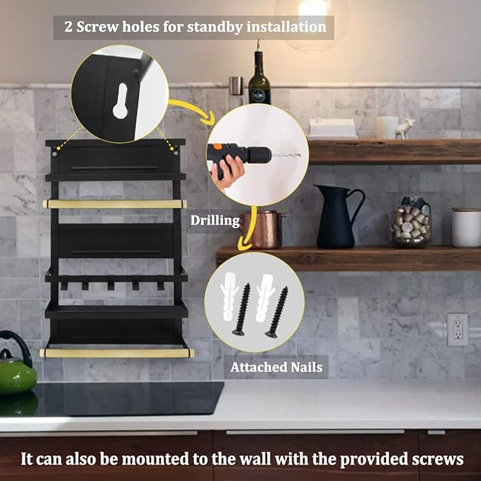 Foldable Refrigerator Organizer 4 Tier Magnetic Fridge Spice Rack Paper Towel Holder Multi-purpose Kitchen Storage Shelf Rustproof Spice Jars Holder, Black