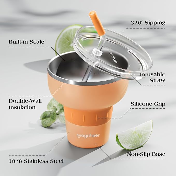 16 oz Cocktail Tumbler with Lid and Straw - Stainless Steel Insulated Margarita Tumbler - 320° Sippable Stemless Wine Cup for Party | Orange