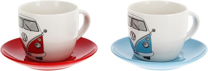 BRISA VW Collection - Volkswagen Espresso Cups Coffee-Tea-Cappuccino Set in T1 Bus Campervan Design (Bus Front/100ml/3.4 fl oz) (Set of 2 (red, blue))