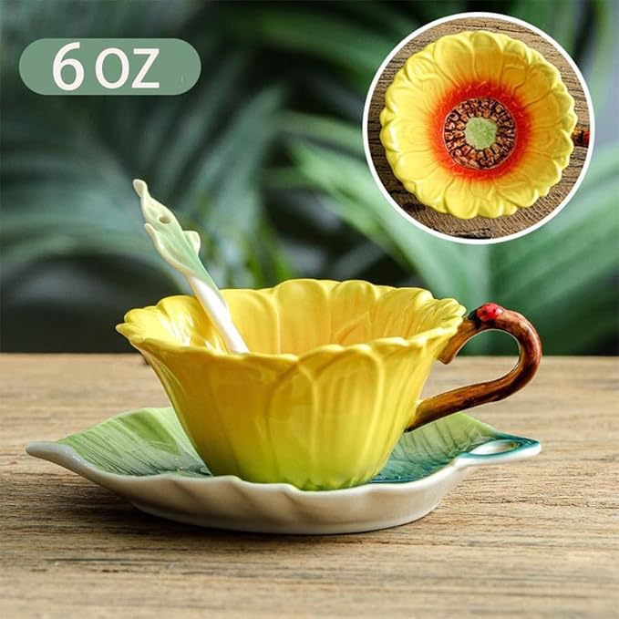 Sunflower Tea Cup and Saucer Set 6 Oz, Enamel Flower Porcelain Coffee Cup Saucer Set with Spoon for Women, Hand Crafted Tea Set (Sunflower)