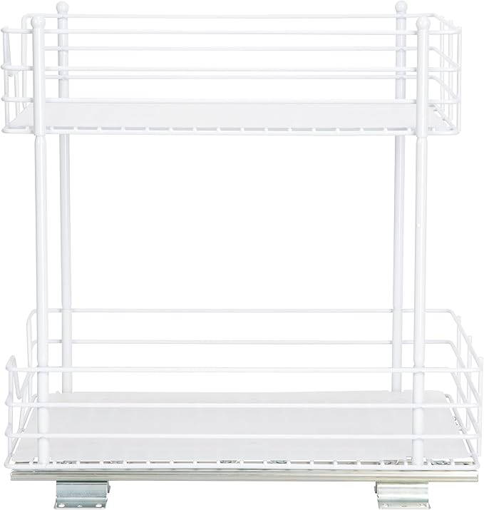 Household Essentials Glidez Steel Pull-Out/Slide-Out Storage Organizer with Plastic Liners for Under Cabinet or Wire Shelf Use - 2 -Tier Design, White
