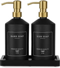 Black Glass Kitchen Hand and Dish Soap Dispenser Set, Bathroom Soap Dispenser Set with Tray and Stainless Steel Pump, Gold Kitchen Accessories (Black Bottle/Gold Pump)