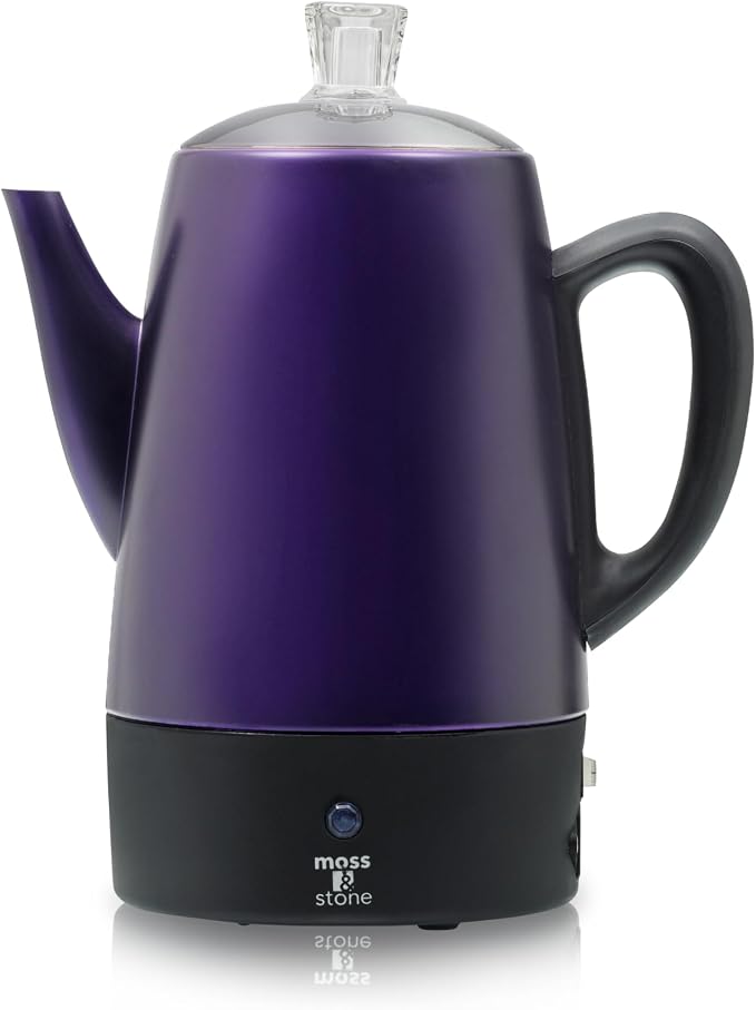 Moss & Stone 10 Cup Purpale Percolator Coffee Pot Electric, Stainless Steel Coffee Percolator Electric With Keep Warm Function, Classic Perculator Pot With Removable Basket for Home or Office