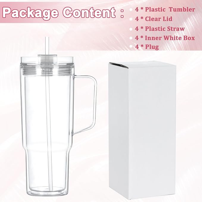 40 Oz Acrylic Snowglobe Tumbler with Handle, 4 Pack Pre-Drilled Double Wall Acrylic Clear Cup Tumbler for Glitter Snow Globe Diy
