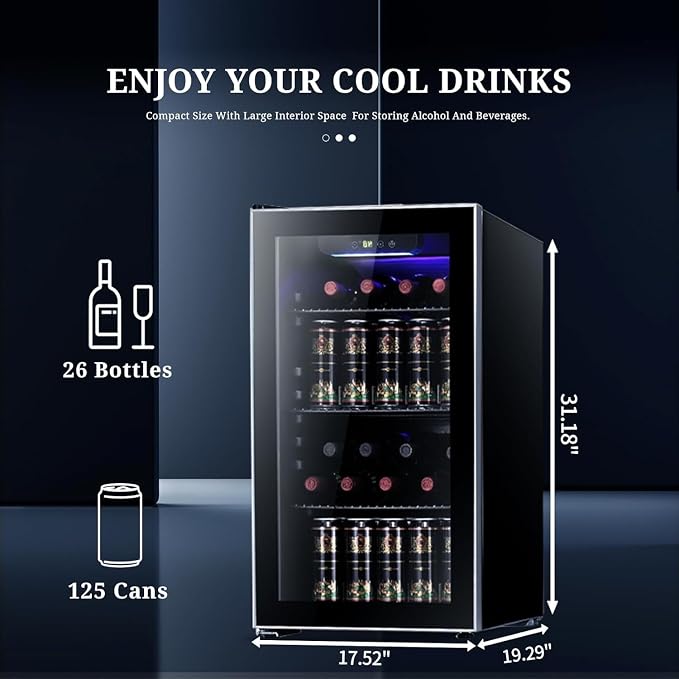 Antarctic Star 26 Bottle Wine Cooler/Cabinet Refrigerator Mini Wine Cellar Beer Soda Clear Glass Door Bar Fridge Quiet Compressor Adjust Temp Freestanding Indoor Use 3.0cu.ft Black