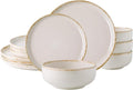 AmorArc Ceramic Dinnerware Sets, Wavy Rim Stoneware Plates and Bowls Sets, Highly Scratch Resistant | Dishwasher & Microwave Dishes set, Service for 4 (12pc)-Speckled Cappuccino)