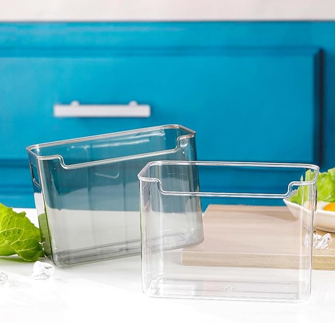 Crystal Clear Freezer Storage Bins - 4 Pack Stackable Freezer Organizer Bins, Clear Plastic Kitchen Cabinet Organizer for Meat, Veggies & Fruit (White, 4pcs-L)