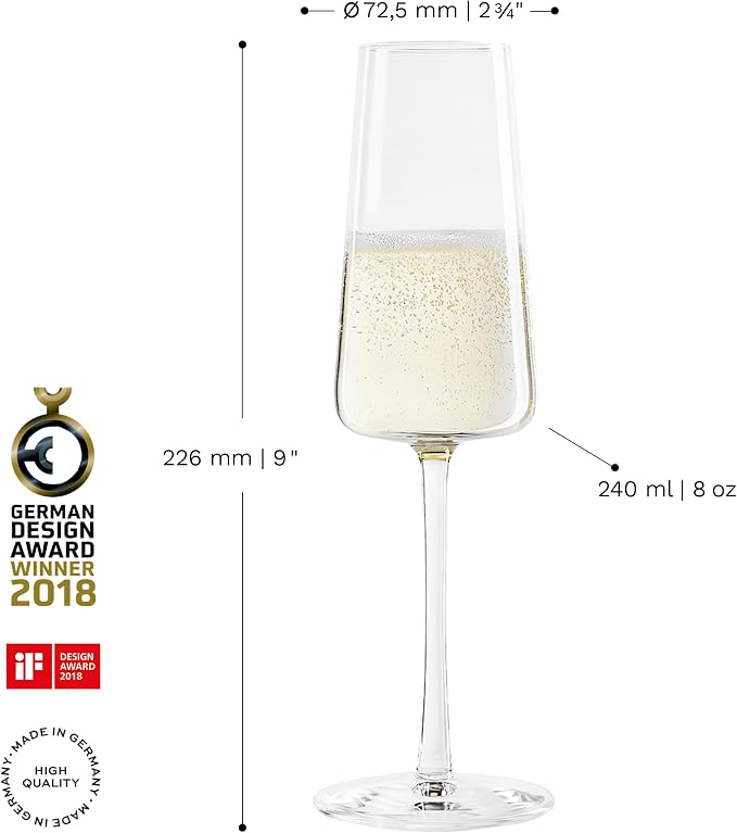 Stölzle Lausitz Champagne Glasses Power 6-Piece Set 8 oz – Elegant Flutes Ideal for Prosecco & Sparkling Wine – Elegant Crystal Champagne Glasses – Dishwasher- & Shockproof