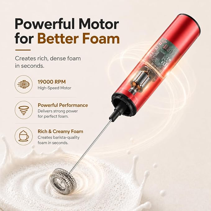 Rechargeable Milk Frother with Stand, Electric Whisks Foam Maker, POWERFUL USB C 2 Speed Handheld Drink Mixer for Coffee, Latte, Cappuccino, Matcha Drinks,Red