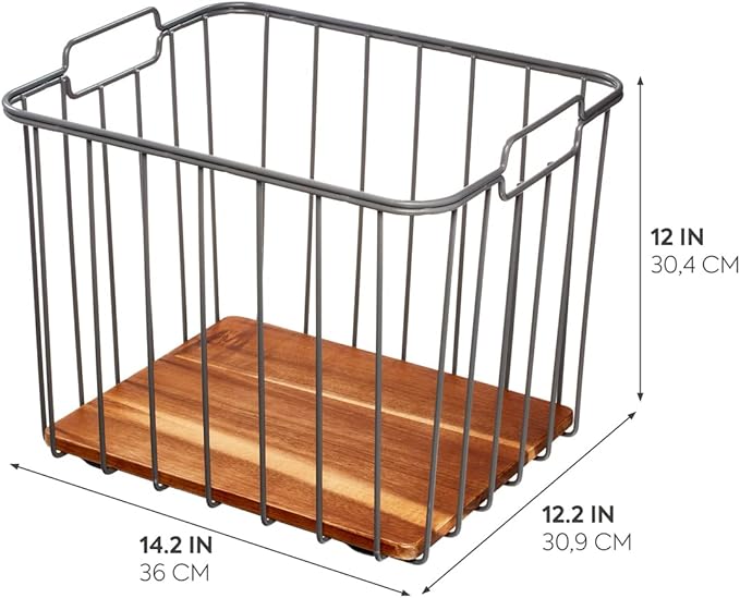 iDesign Ria Safford Collection Deep Pantry Wire Basket with Acacia Wood, 14.25" x 12.5" x 12", 15.25" x 12.5" x 12"