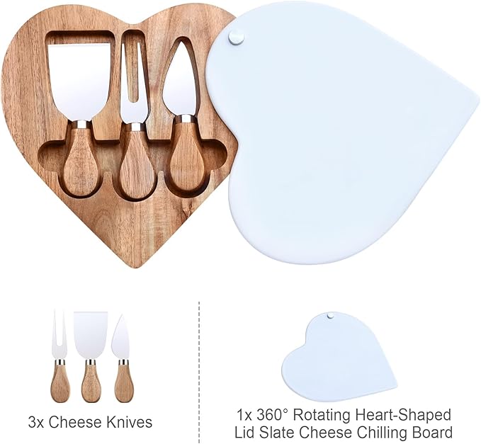 8.2" Valentine Heart-Shaped Acacia Wood Cheese & Charcuterie Board with 360° Rotating Marble Lid and Cheese Utensil Set (Spade, Knife, Fork) - Housewarming, Birthday & Wedding Gift