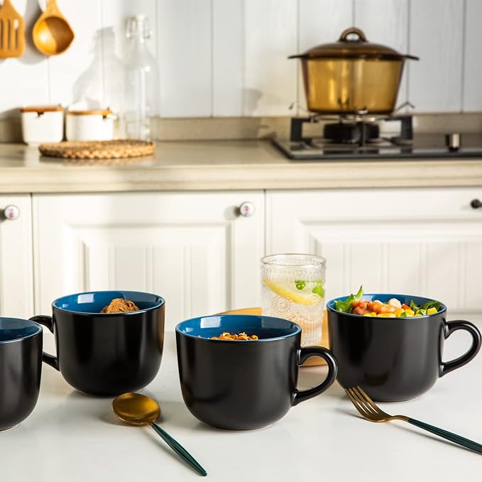 AmorArc 24 oz Soup Mugs with Handles, Jumbo Ceramic Bowls Mugs Set with handles for Coffee Cereal Cappuccino Snacks, Microwave&Dishwasher safe Soup Cups for Meal-Blue
