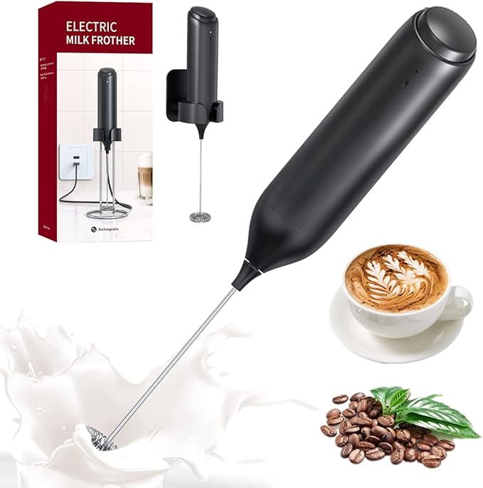 Rechargeable Milk Frother Handheld for Coffee, Stirrers Electric Whisk with Wall Mounted Stand, Drink Mixer Hand Frother Wand for Coffee, Matcha, Frappe, Hot Chocolate and Lattes(Black)