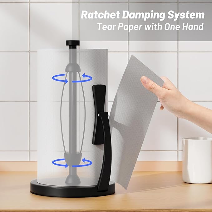 VEHHE Paper Towel Holder Countertop, One-Handed Tear, Stainless Steel, Stand Paper Towel Holder with Spring Activated Arm & Non Slip Weighted Base, for Kitchen Bathroom (Black)