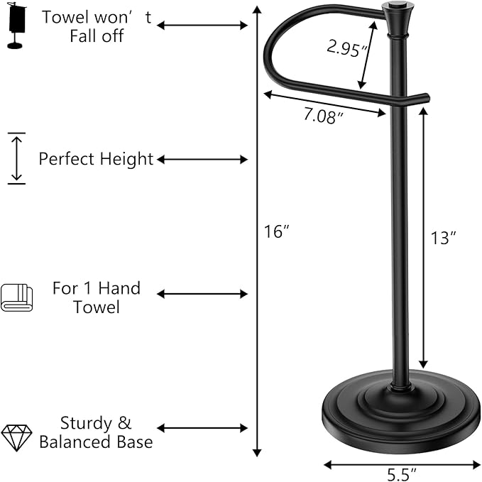 Black Bath Hand Towel Holder Stand,Stainless Steel 16 Inch Free Standing Towel Rack,Heavy Weight Towel Bar for Bathroom Vanity Countertop &Kitchen
