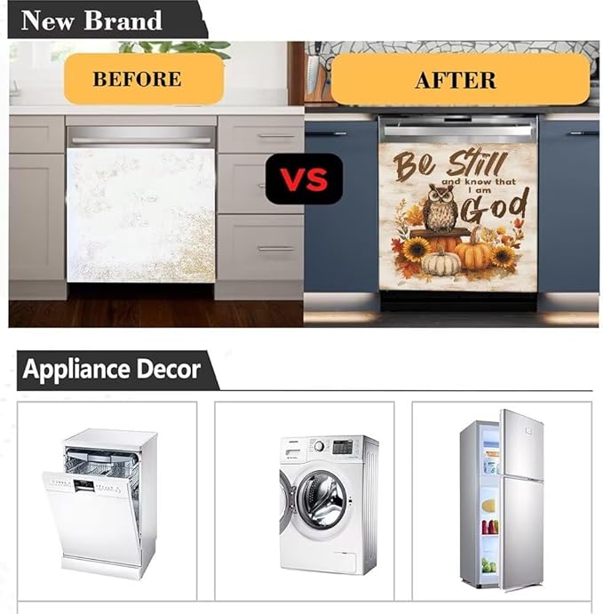 Pumpkin Magnetic Dishwasher Cover,Owl Dishwasher Front Door Magnetic Cover,Sunflower Refrigerator Panel Decal,'Be Still and Know That I Am God' Text Magnet Sticker,Reusable,23"x26"