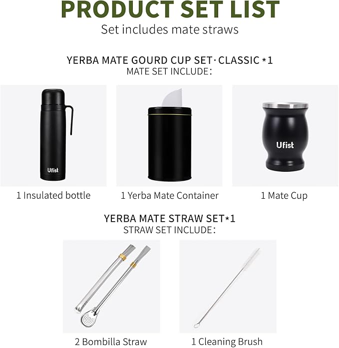 Complete Yerba Mate Kit - Includes Argentina Mate Gourd, 2pcs Straw (Bombilla), Yerbero, 1000ml Insulated Bottle - Stainless Steel Yerba Mate Set (Black)